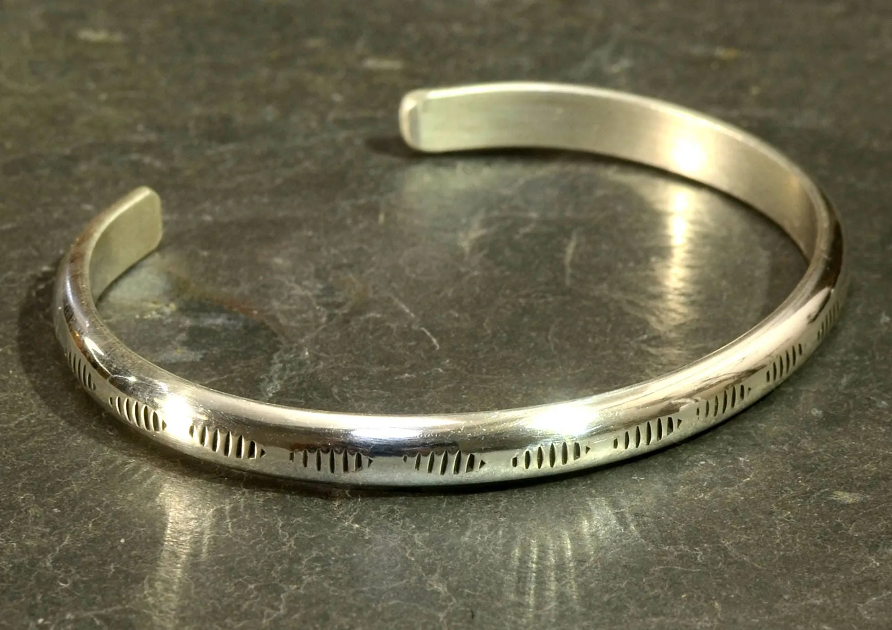 Sterling Silver Dainty Half Round Bracelet with Handmade Native American Metal Stamps