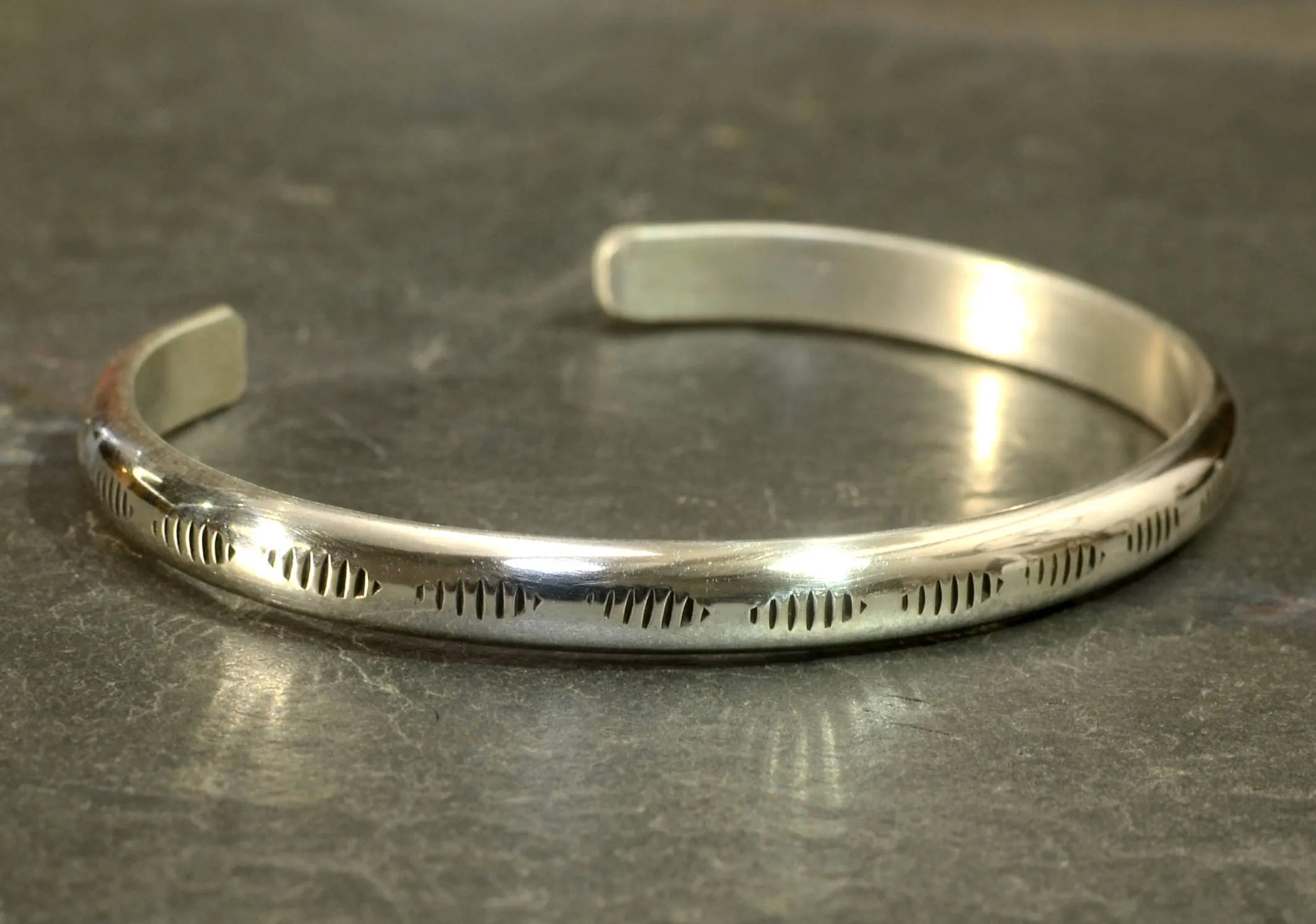 Sterling Silver Dainty Half Round Bracelet with Handmade Native American Metal Stamps