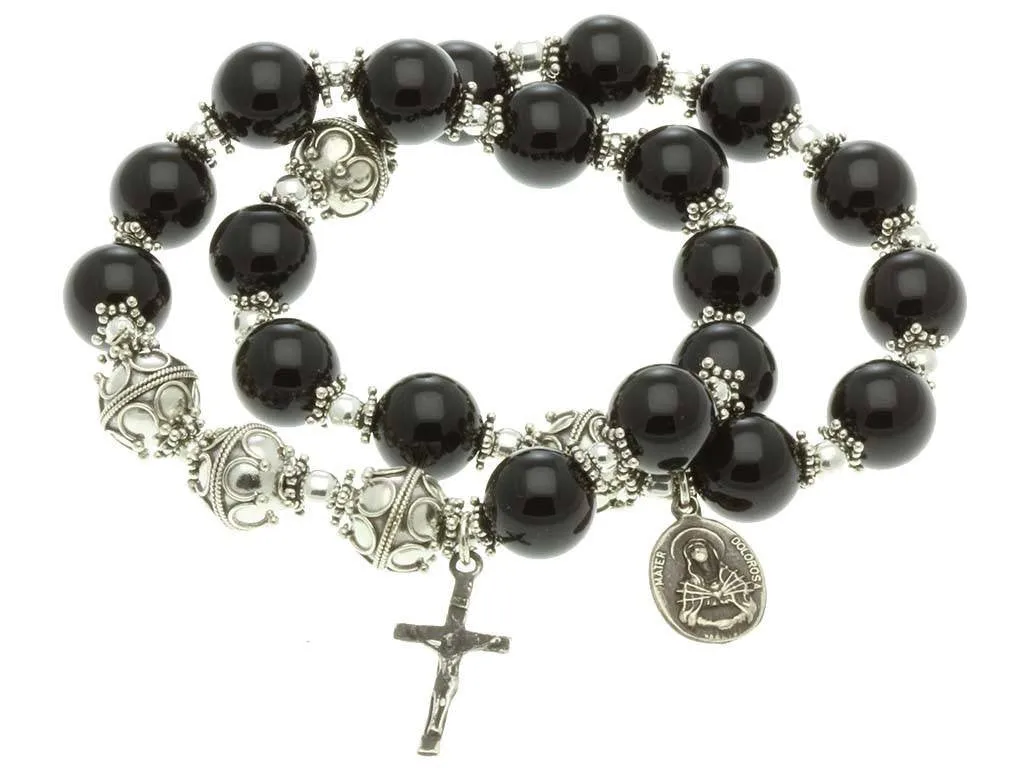 Sterling Silver Double Elastic Rosary Bracelet Onyx 10mm, 7 Sorrows Rosary and Trinity