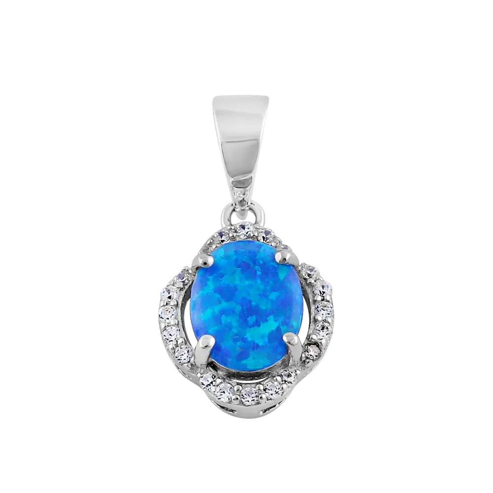 Sterling Silver Elegant Blue Lab Opal Oval Halo Pendant