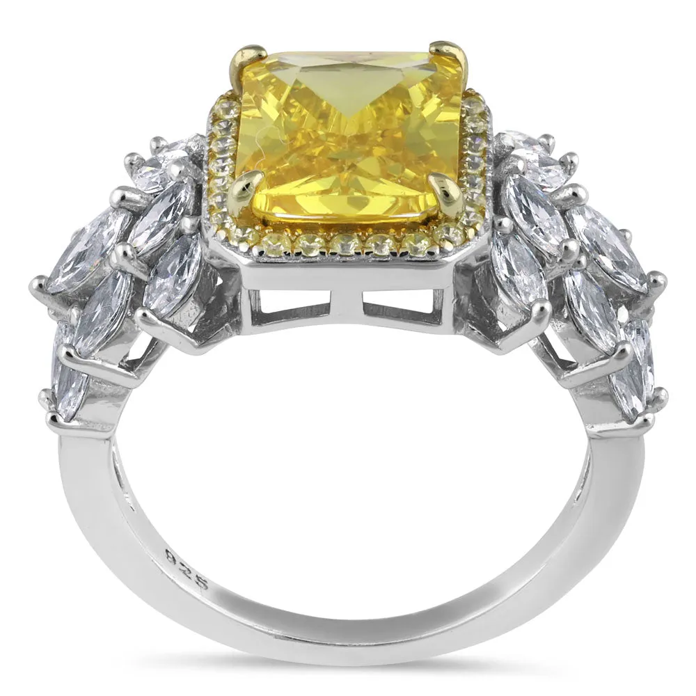 Sterling Silver Elegant Yellow Emerald Cut Halo CZ Ring