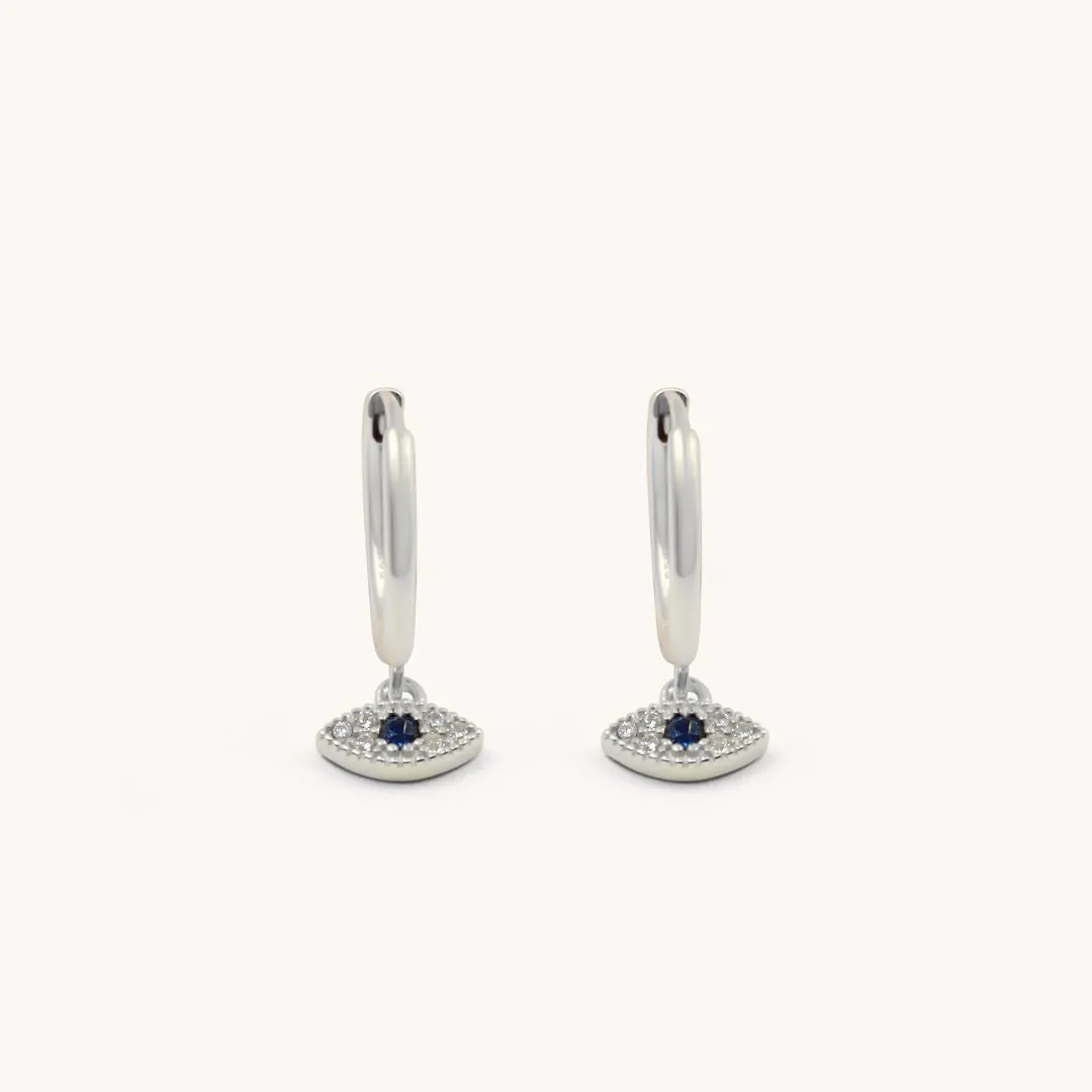 Sterling Silver Evil Eye Dainty Huggie Hoops, Silver