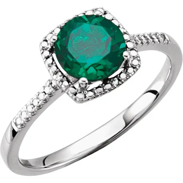 Sterling Silver Lab-Grown Emerald & .01 CTW Diamond Ring Size 7