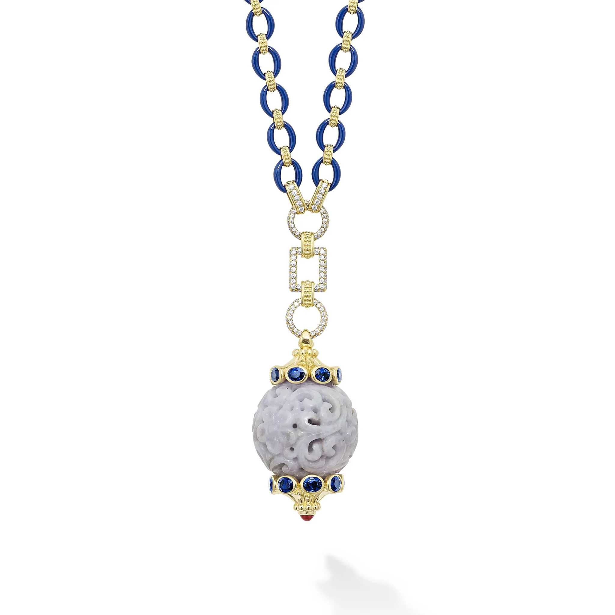 Studio 18K Gold and Diamond Link Necklace with Blue Sapphires and Lavender Jade Ball Pendant