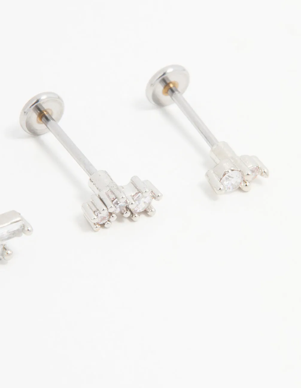 Surgical Steel Cubic Zirconia Double Baguette Flat Back Studs 3-Pack