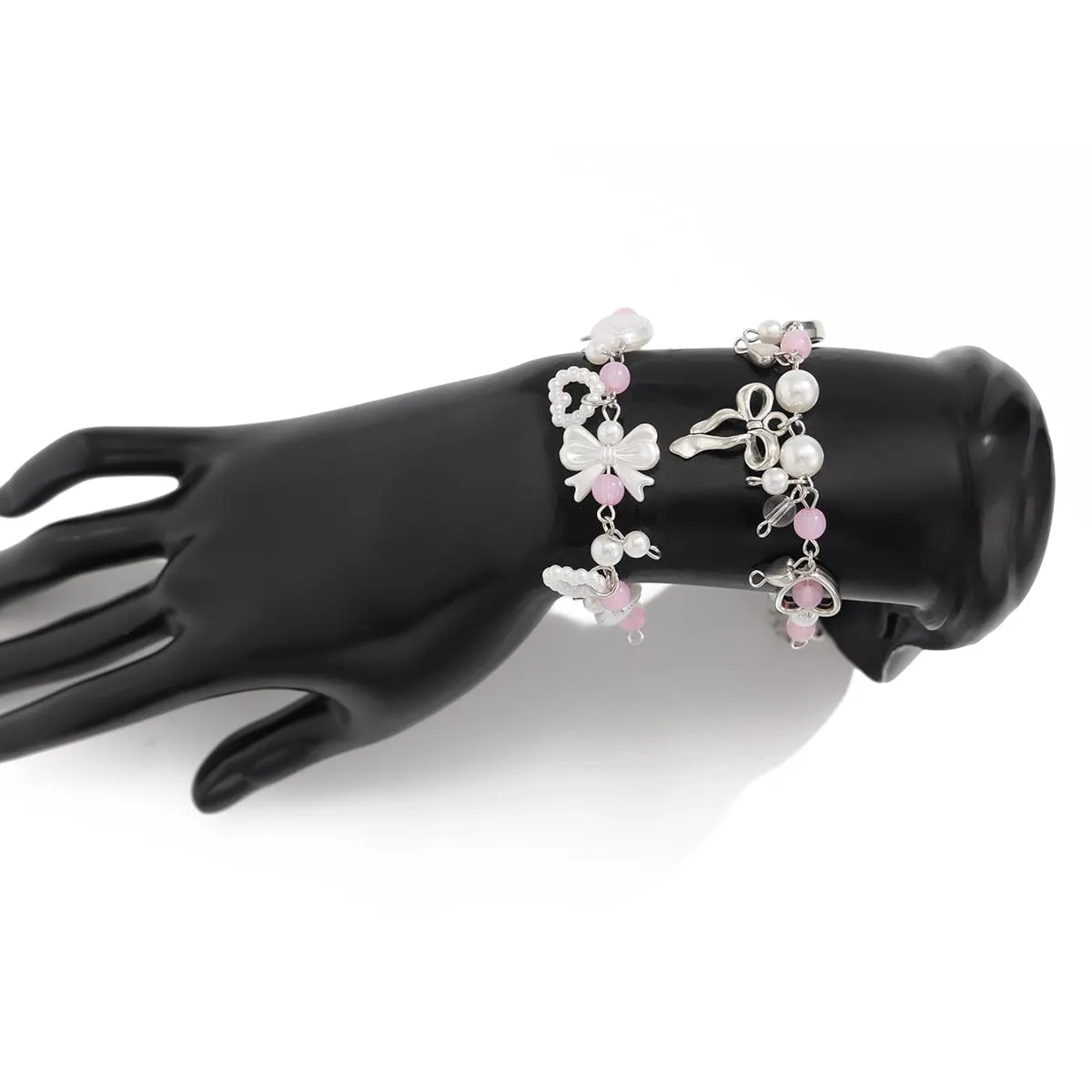 Sweet 2pcs Bowknot Heart Charm Pearl Crystal Chain Bracelet Set