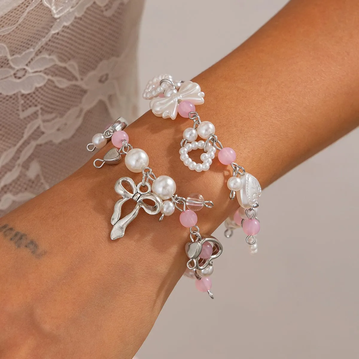 Sweet 2pcs Bowknot Heart Charm Pearl Crystal Chain Bracelet Set