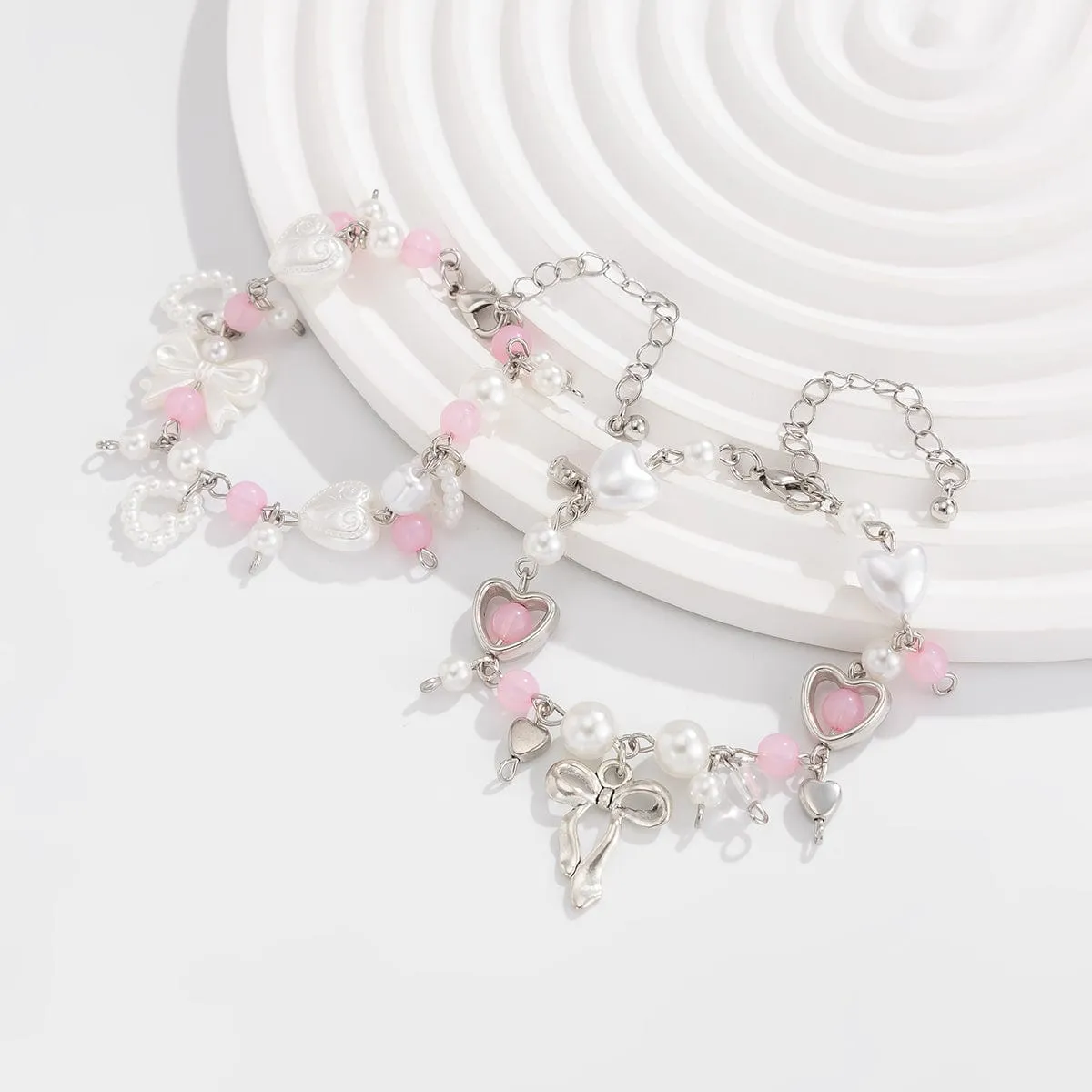 Sweet 2pcs Bowknot Heart Charm Pearl Crystal Chain Bracelet Set