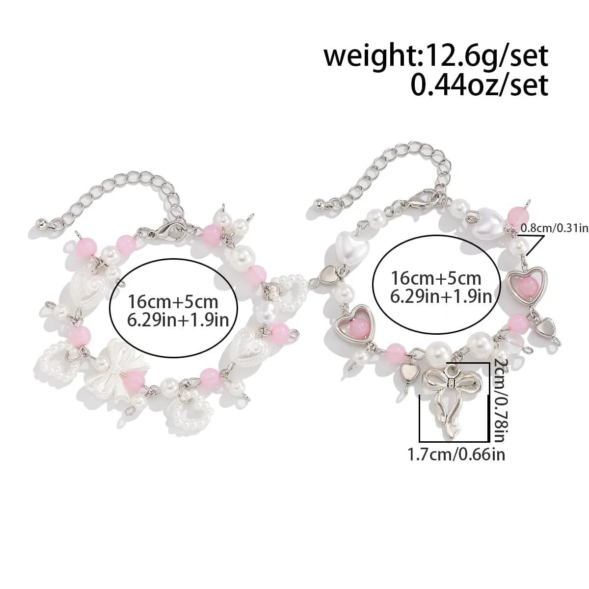 Sweet 2pcs Bowknot Heart Charm Pearl Crystal Chain Bracelet Set