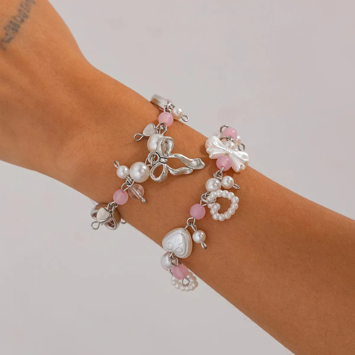Sweet 2pcs Bowknot Heart Charm Pearl Crystal Chain Bracelet Set