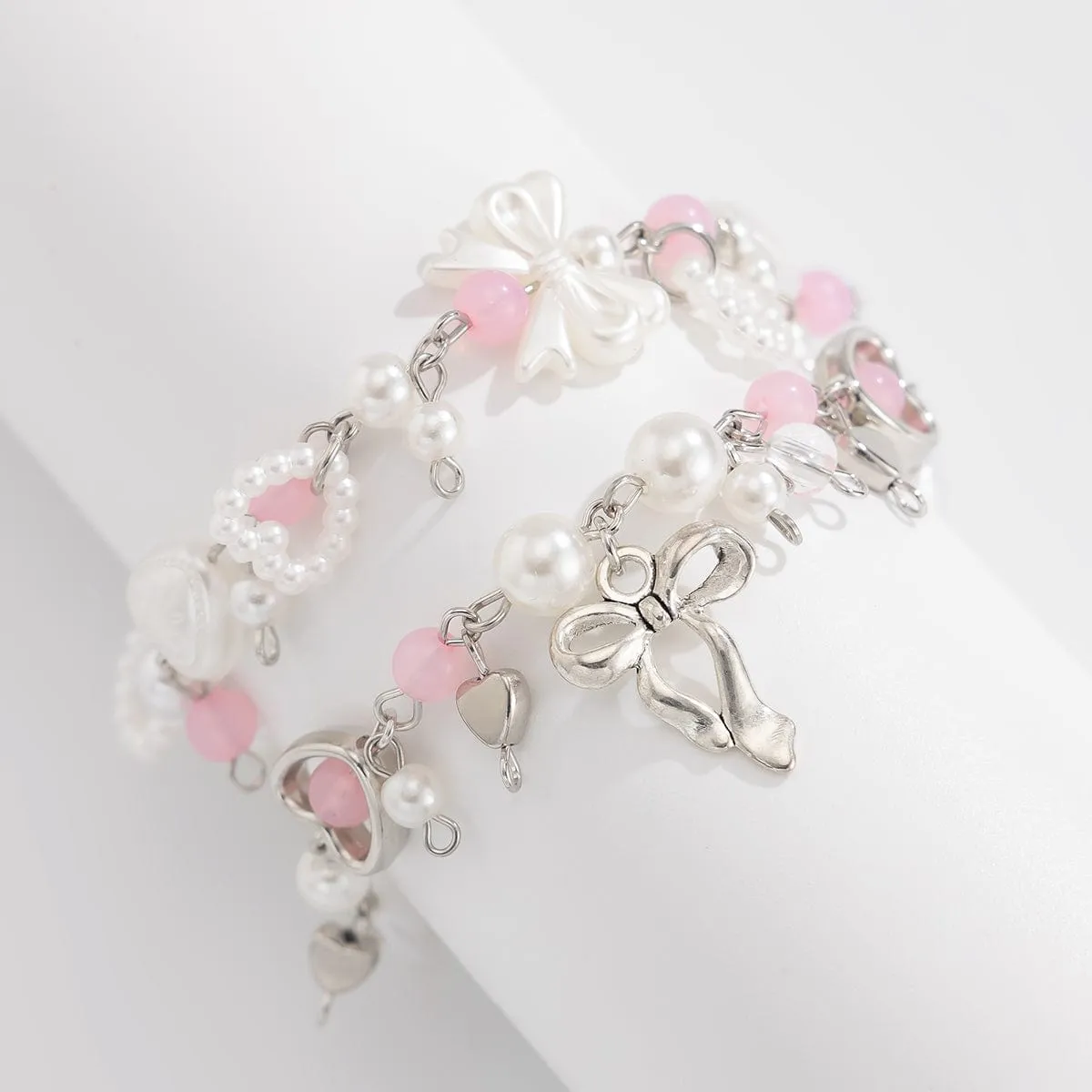 Sweet 2pcs Bowknot Heart Charm Pearl Crystal Chain Bracelet Set