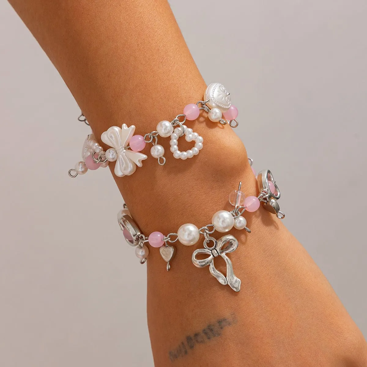 Sweet 2pcs Bowknot Heart Charm Pearl Crystal Chain Bracelet Set
