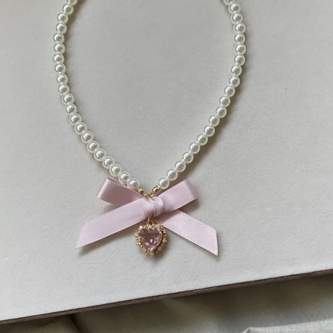 Sweet CZ Inlaid Heart Ribbon Bowknot Pendant Pearl Chain Necklace