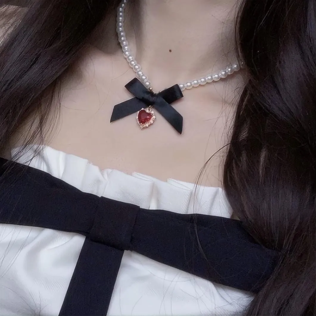 Sweet CZ Inlaid Heart Ribbon Bowknot Pendant Pearl Chain Necklace