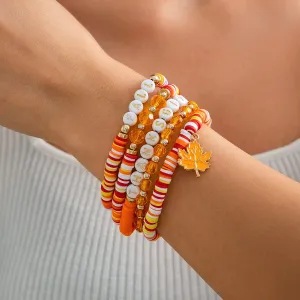 Thanksgiving Layered Maple Leaf Charm Letter Crystal Beaded Stackable Bracelet Set