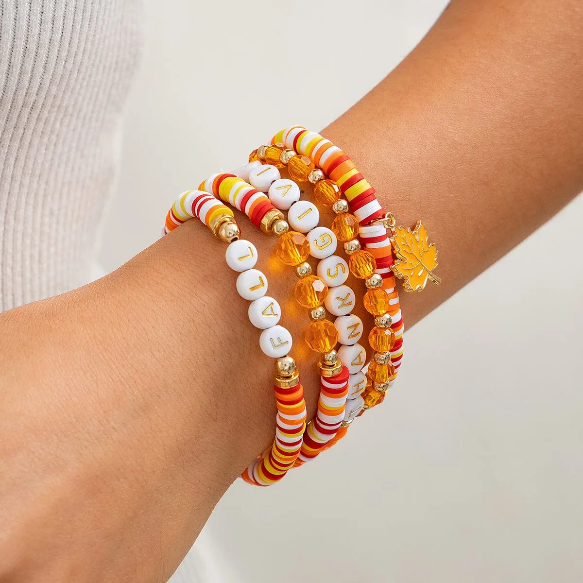 Thanksgiving Layered Maple Leaf Charm Letter Crystal Beaded Stackable Bracelet Set