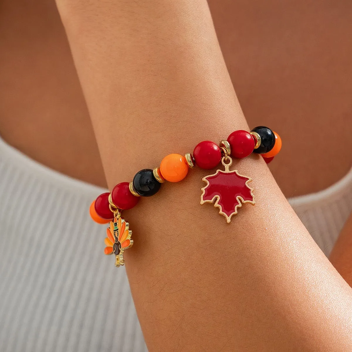 Thanksgiving Maple Leaf Pumpkin Turkey Pendant Acrylic Bead Bracelet