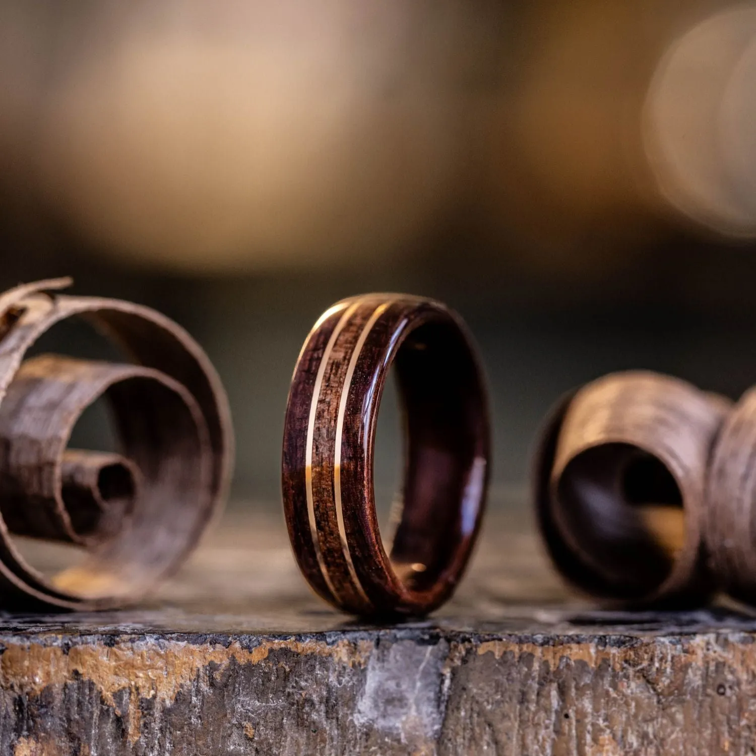 The Artisan | Men's Rosewood & 1903 Springfield Rifle Stock Wood Wedding Band with Dual Metal Inlays