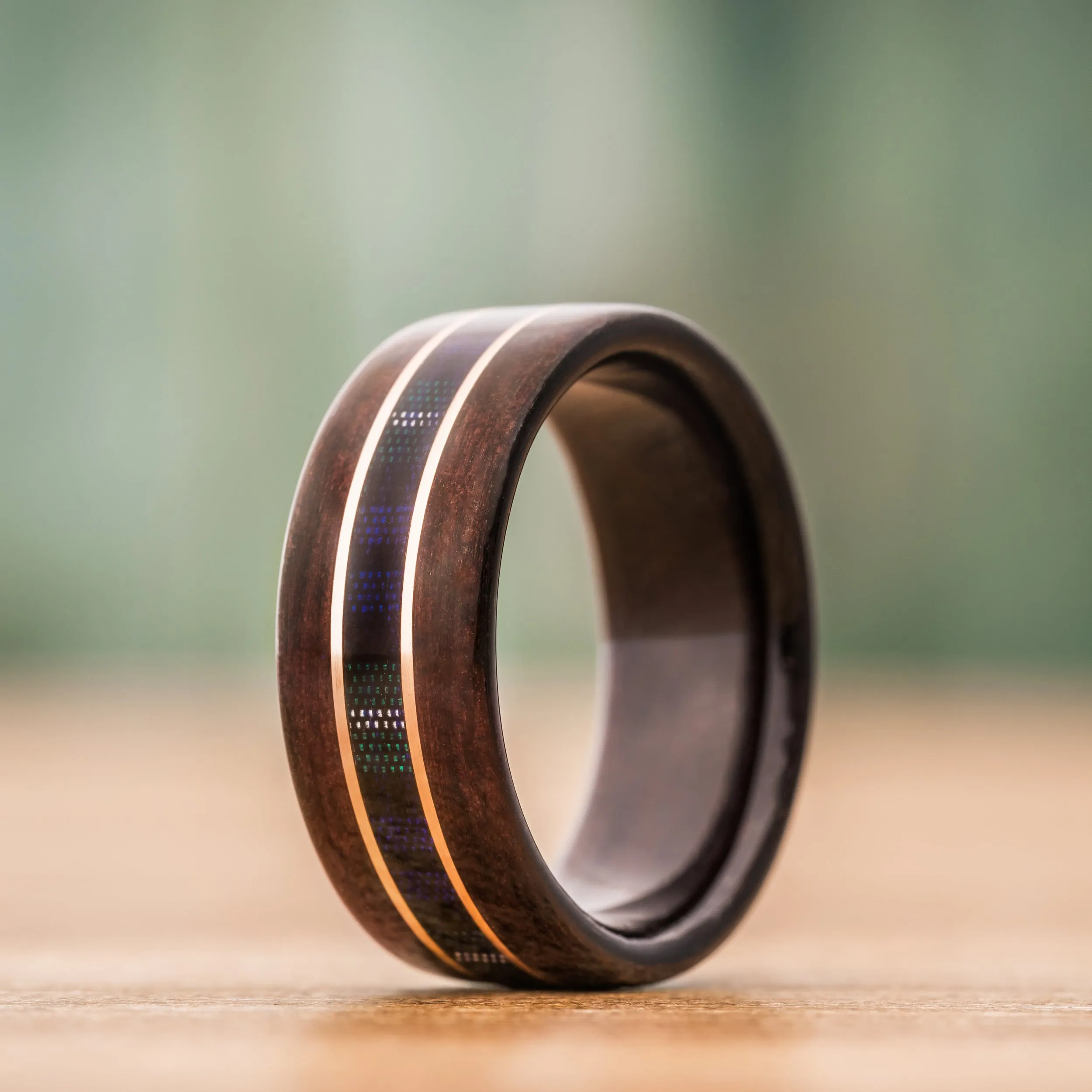 The Campbell Tartan | Men's Rosewood Wedding Band with Tartan & Dual Metal Inlays
