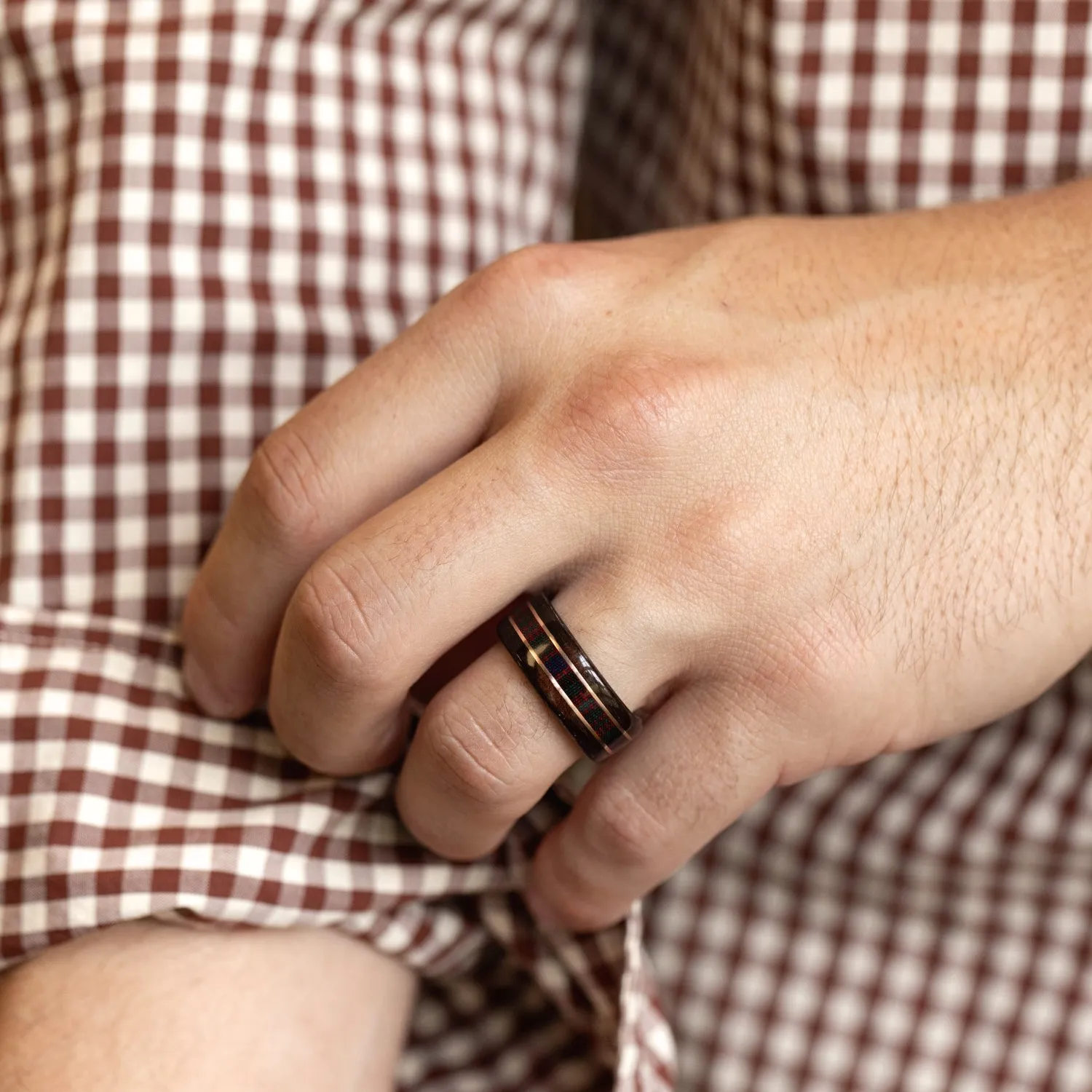 The MacDonald Tartan | Men's Rosewood Wedding Band with Tartan & Dual Metal Inlays