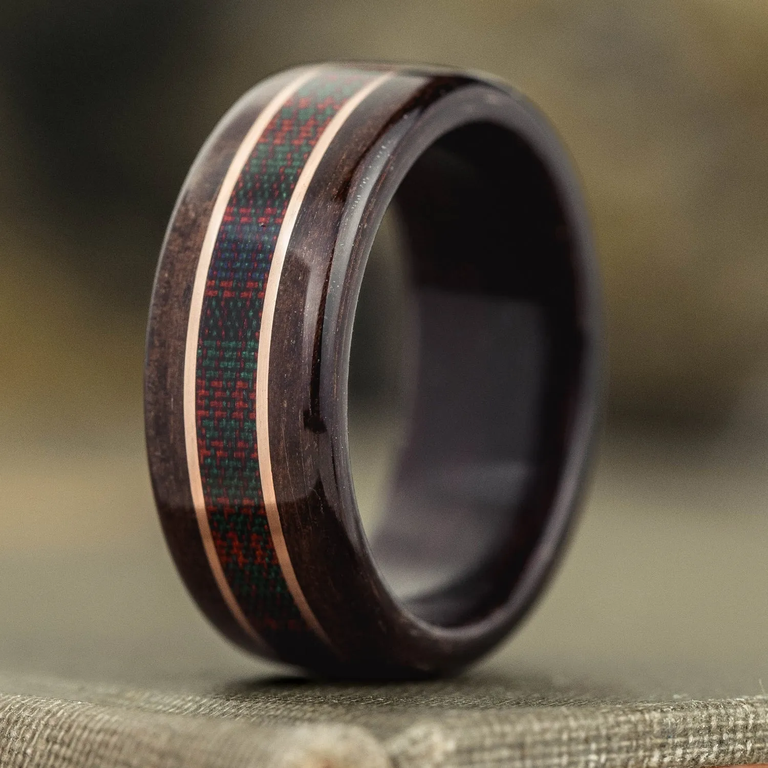 The MacDonald Tartan | Men's Rosewood Wedding Band with Tartan & Dual Metal Inlays
