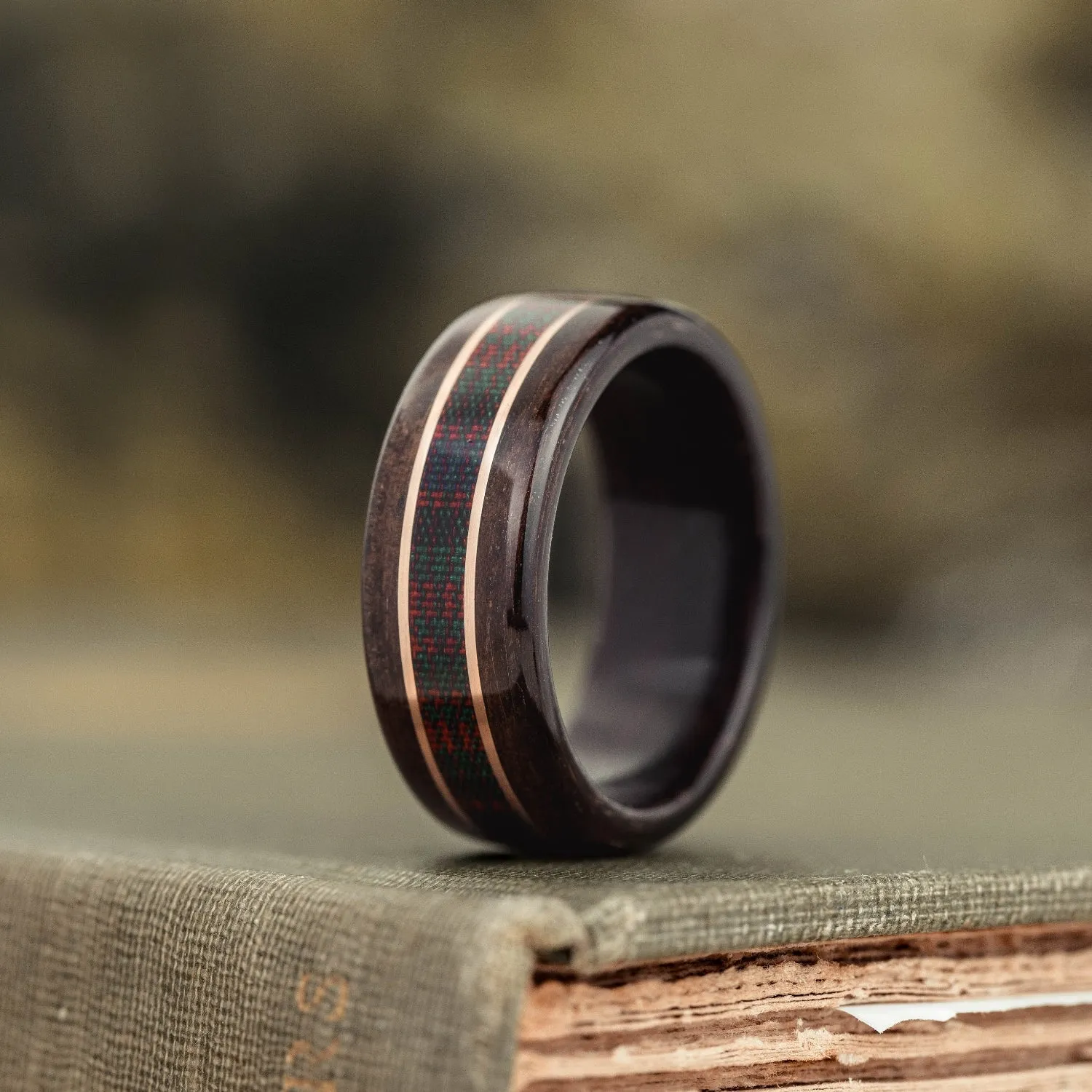 The MacDonald Tartan | Men's Rosewood Wedding Band with Tartan & Dual Metal Inlays