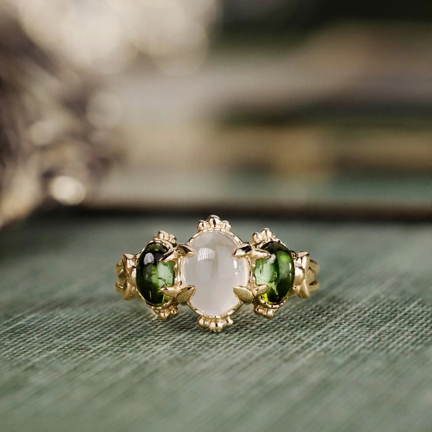 The Myzelle - Vintage-Inspired Oval Cabochon Three Stone Engagement Ring with Moonstone & Green Tourmaline