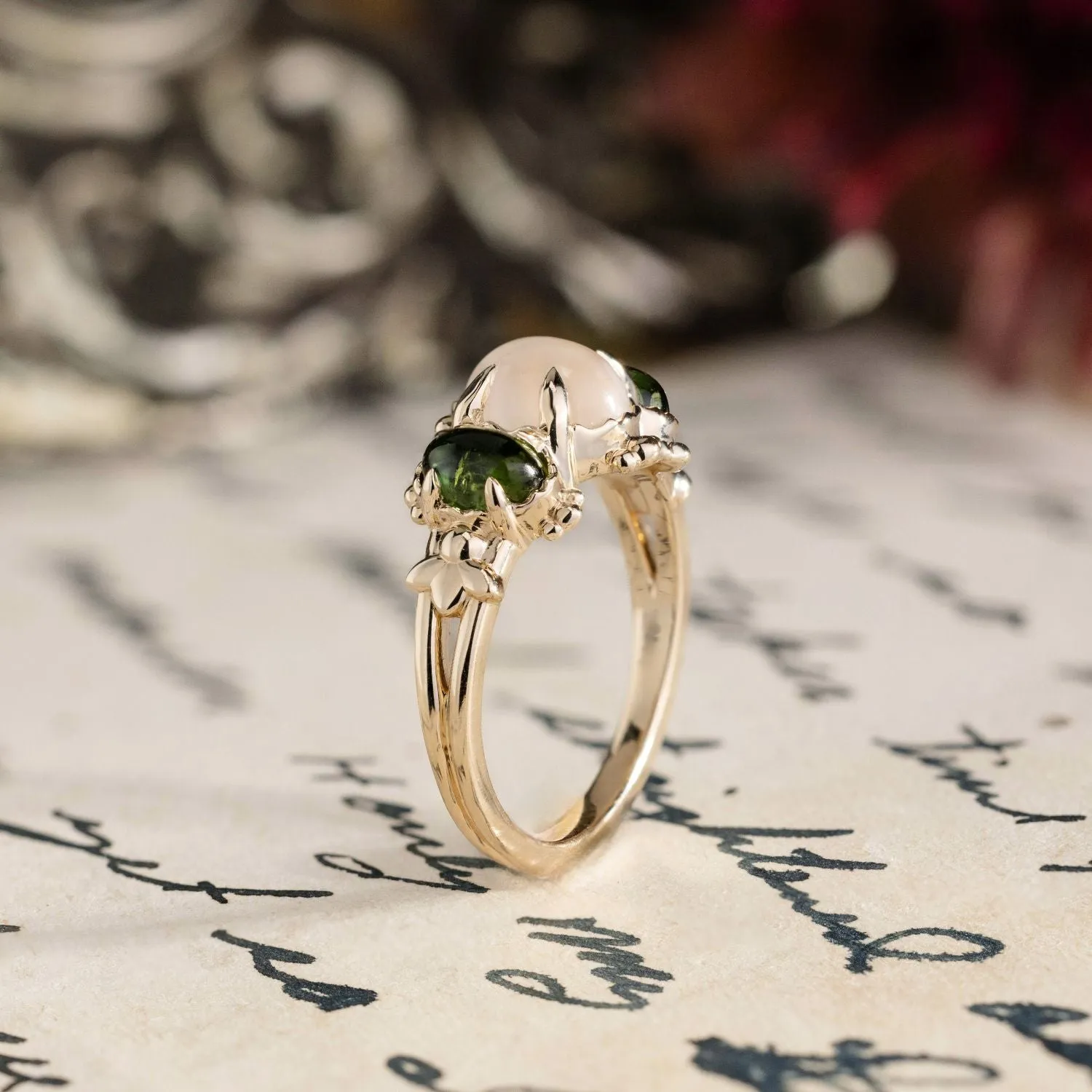 The Myzelle - Vintage-Inspired Oval Cabochon Three Stone Engagement Ring with Moonstone & Green Tourmaline