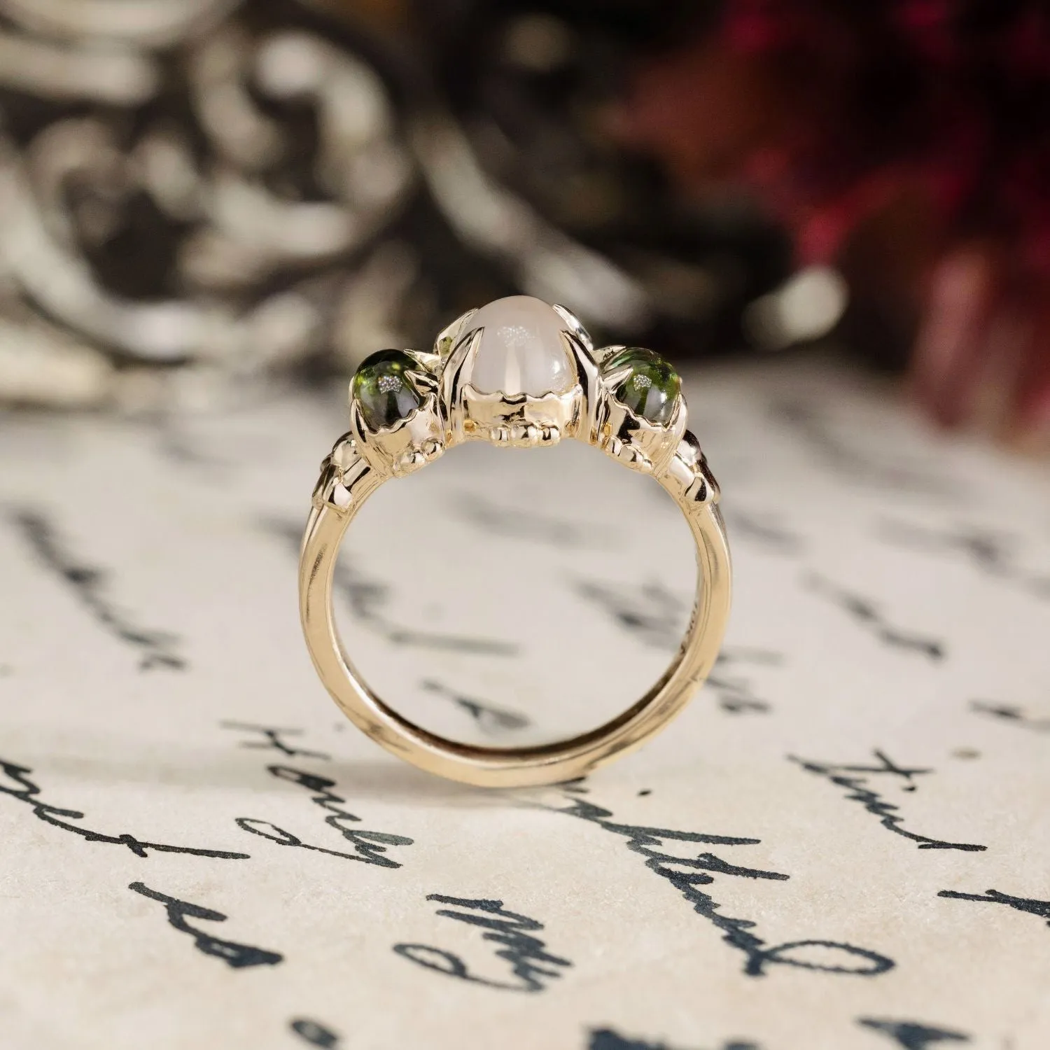 The Myzelle - Vintage-Inspired Oval Cabochon Three Stone Engagement Ring with Moonstone & Green Tourmaline