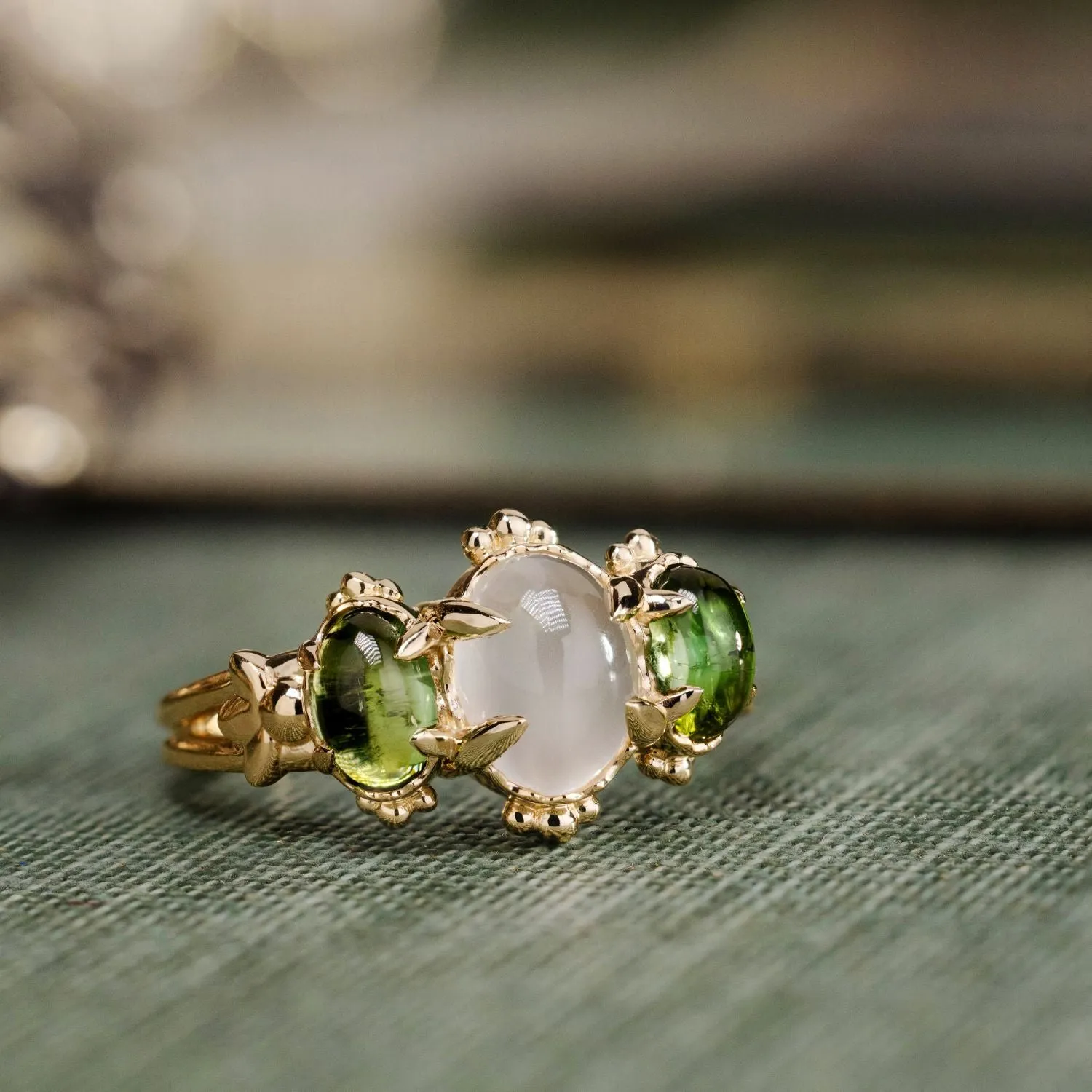 The Myzelle - Vintage-Inspired Oval Cabochon Three Stone Engagement Ring with Moonstone & Green Tourmaline
