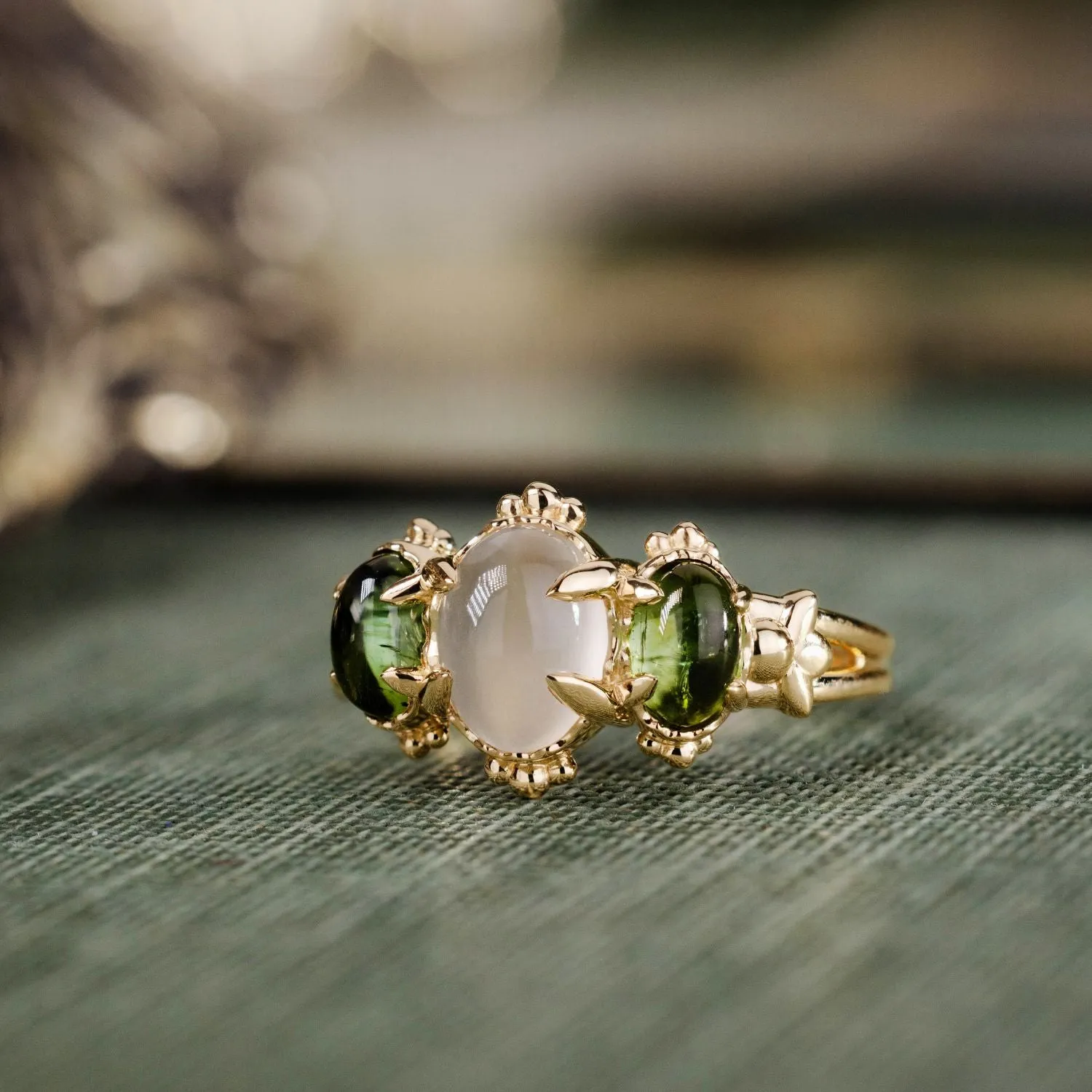 The Myzelle - Vintage-Inspired Oval Cabochon Three Stone Engagement Ring with Moonstone & Green Tourmaline