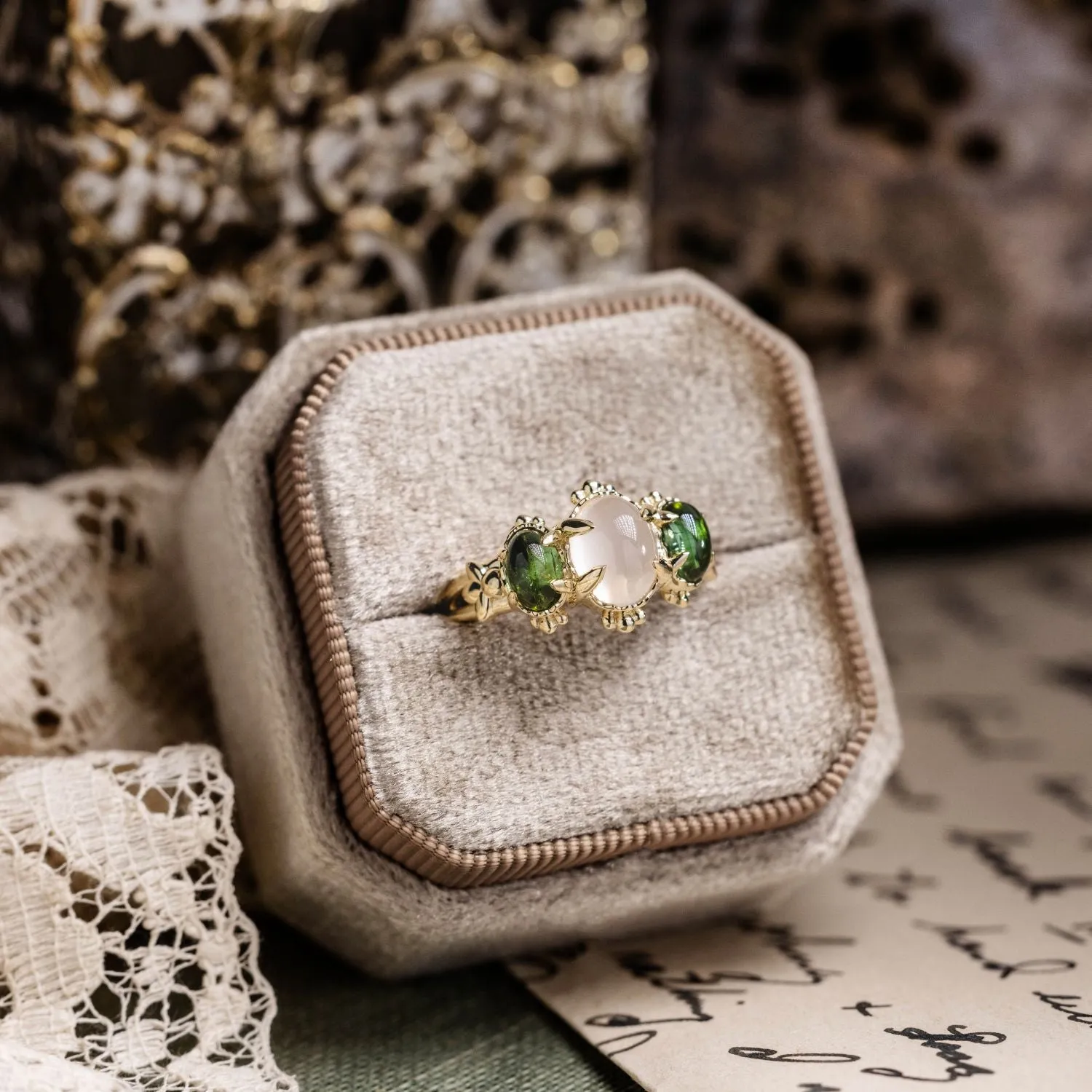 The Myzelle - Vintage-Inspired Oval Cabochon Three Stone Engagement Ring with Moonstone & Green Tourmaline
