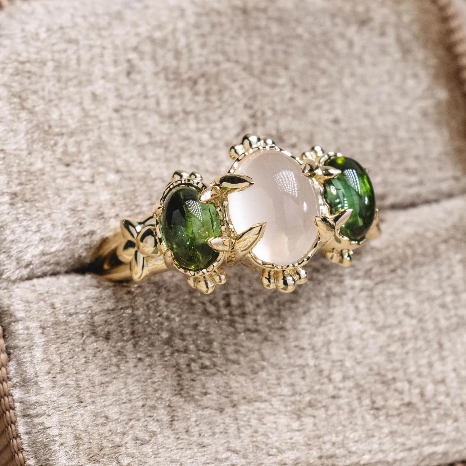 The Myzelle - Vintage-Inspired Oval Cabochon Three Stone Engagement Ring with Moonstone & Green Tourmaline