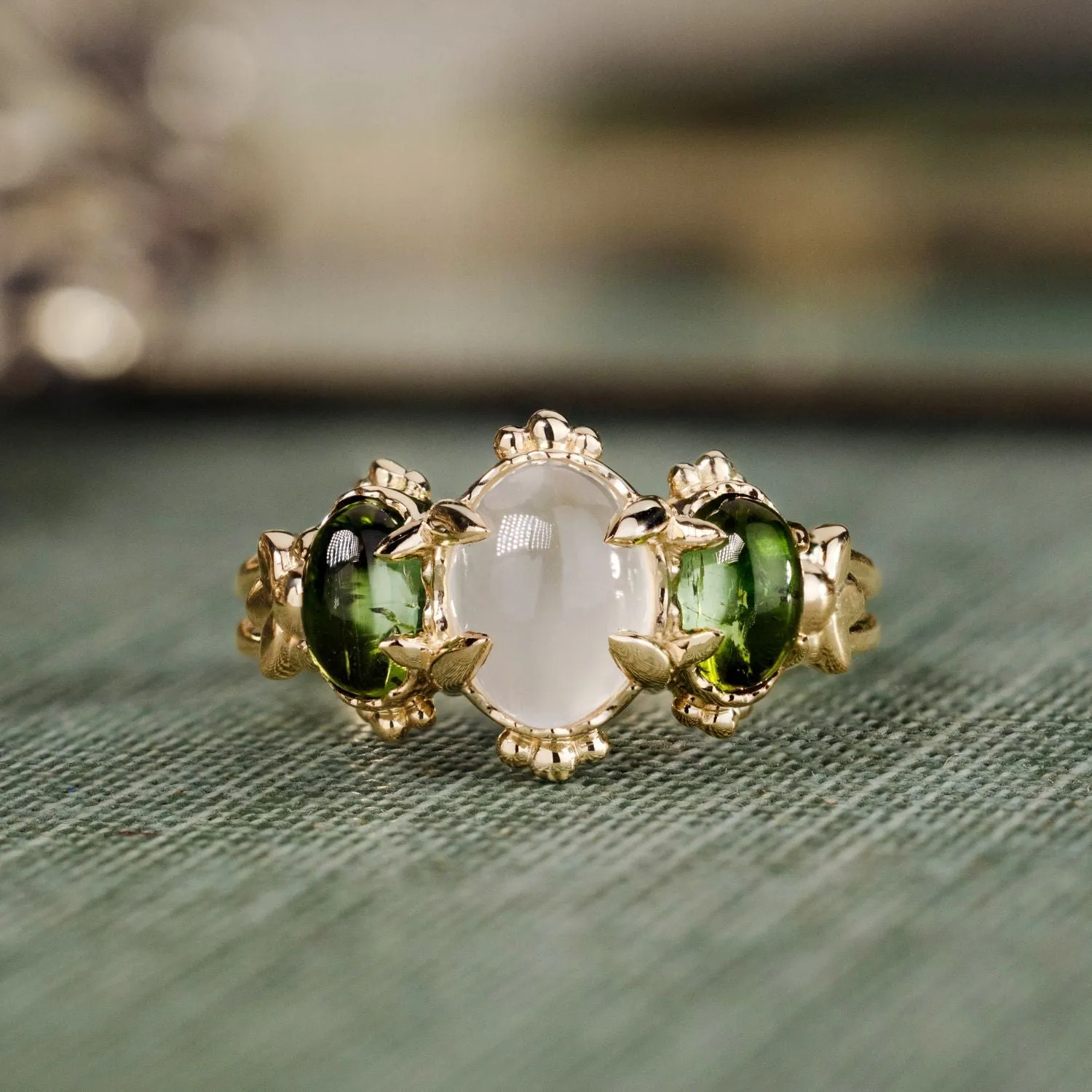 The Myzelle - Vintage-Inspired Oval Cabochon Three Stone Engagement Ring with Moonstone & Green Tourmaline