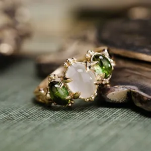 The Myzelle - Vintage-Inspired Oval Cabochon Three Stone Engagement Ring with Moonstone & Green Tourmaline