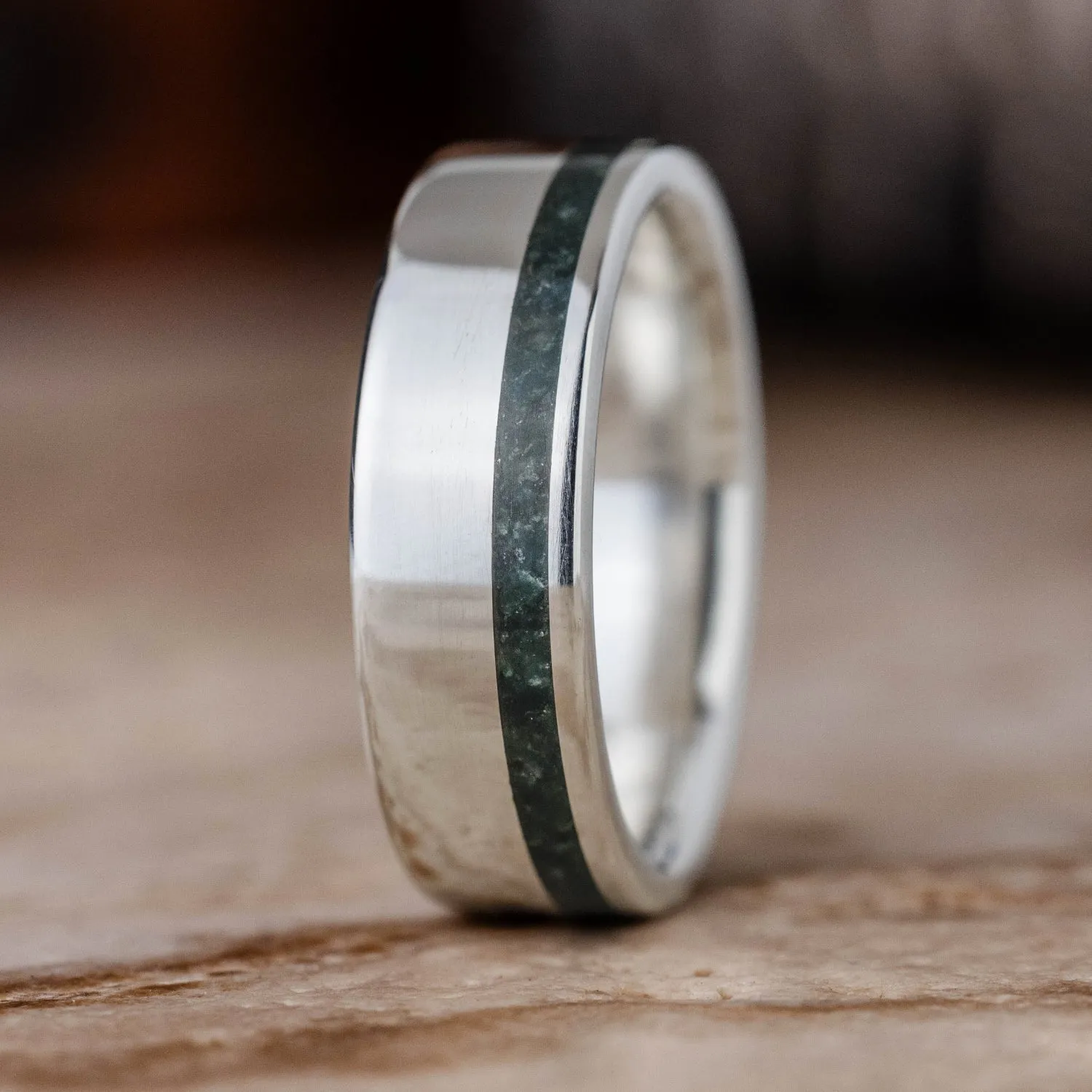 The Philosopher | Men's Silver Wedding Band with Moss Agate Offset Inlay