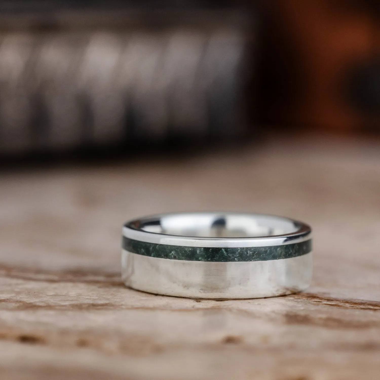 The Philosopher | Men's Silver Wedding Band with Moss Agate Offset Inlay