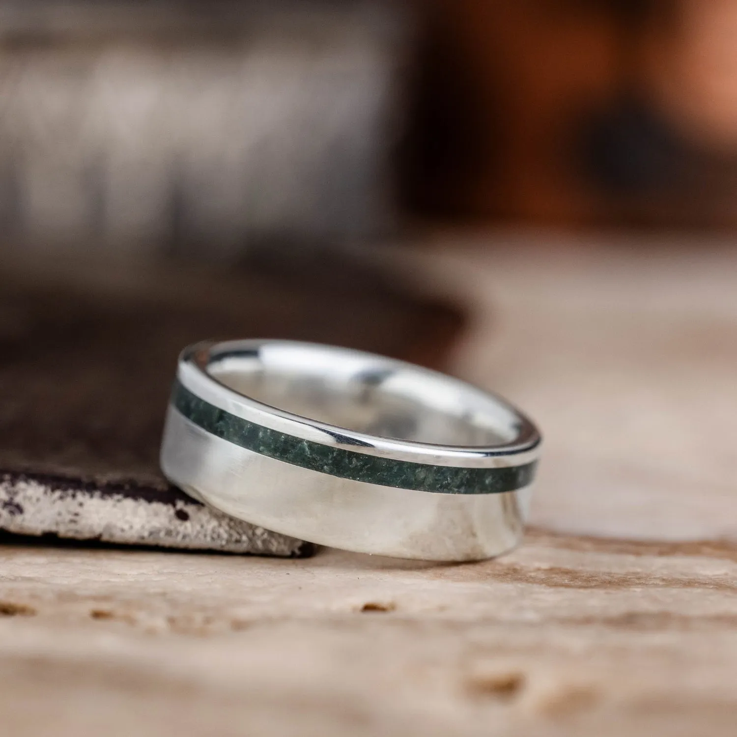 The Philosopher | Men's Silver Wedding Band with Moss Agate Offset Inlay