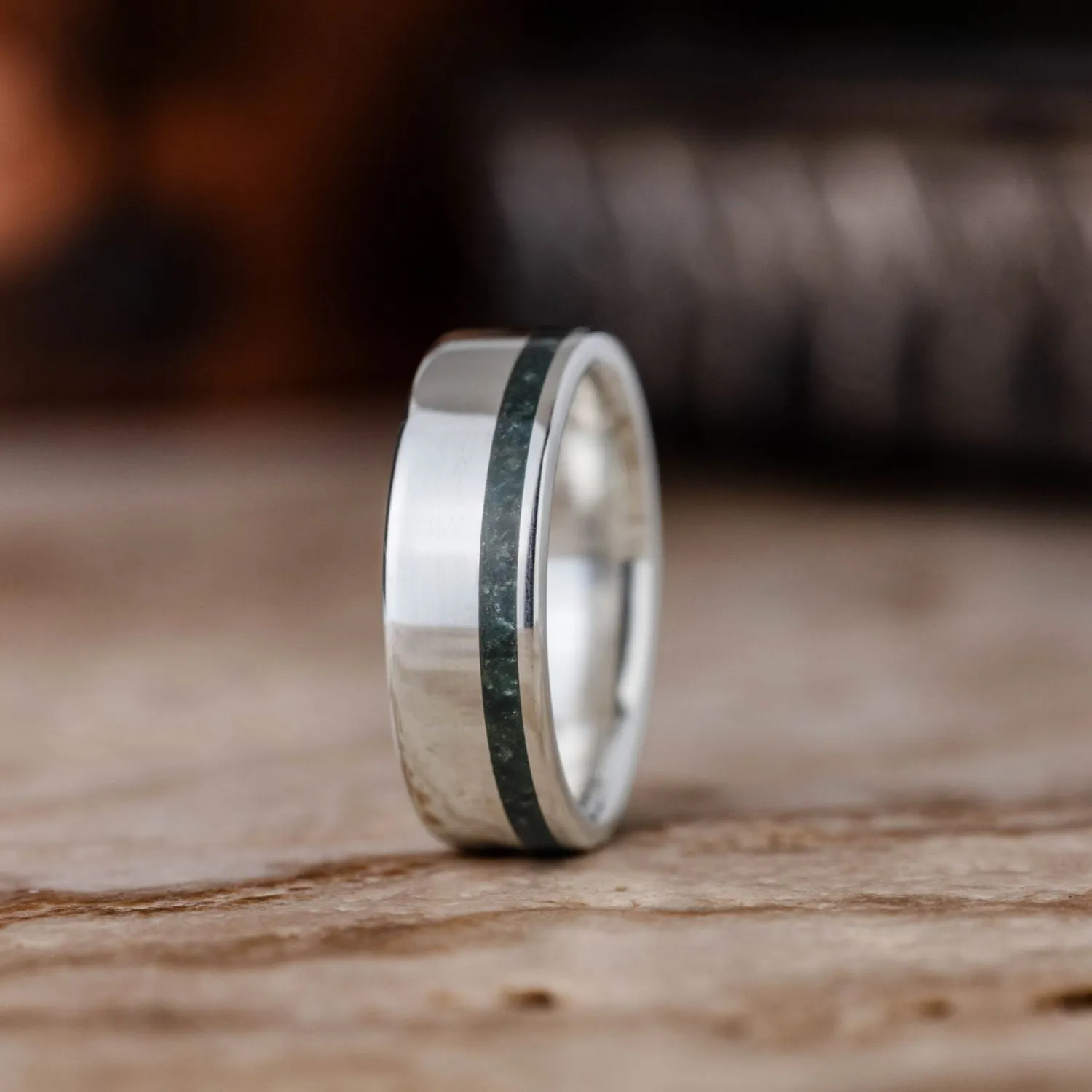 The Philosopher | Men's Silver Wedding Band with Moss Agate Offset Inlay