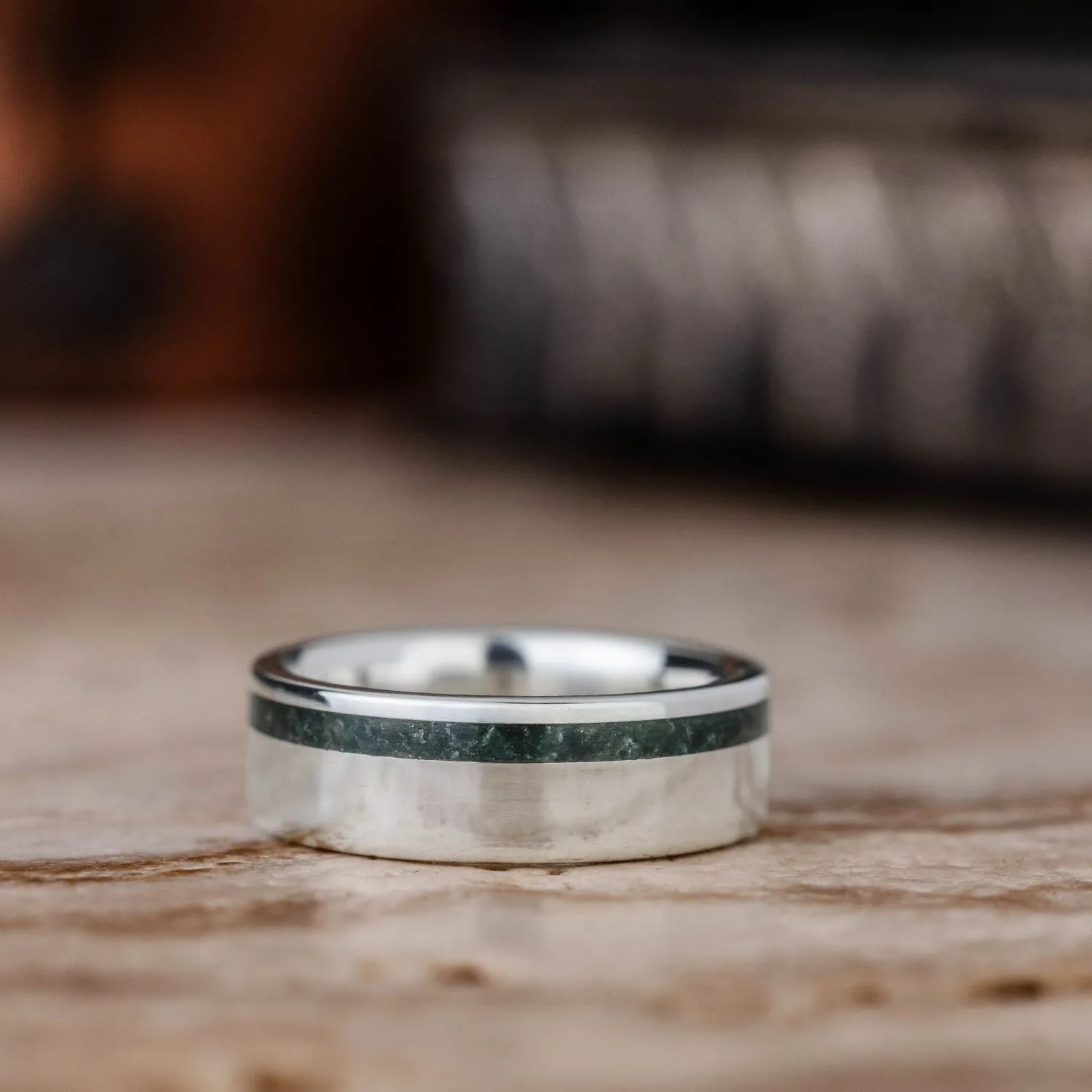 The Philosopher | Men's Silver Wedding Band with Moss Agate Offset Inlay