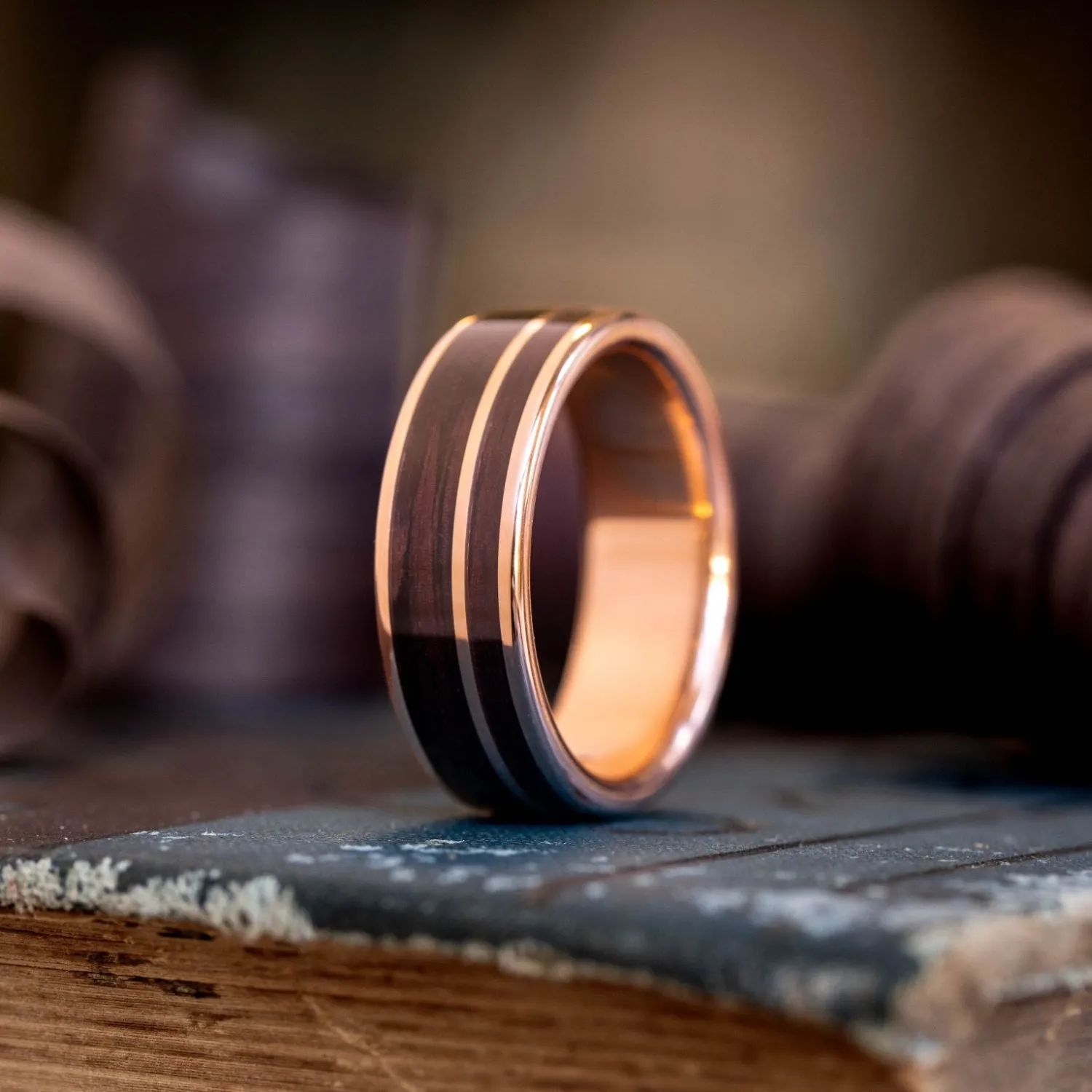 The Rosewood | Men's Gold Wedding Band with Rosewood