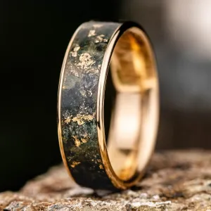 The Shenandoah | Men's Gold Moss Agate Wedding Band with Gold Flakes - Wide Channel
