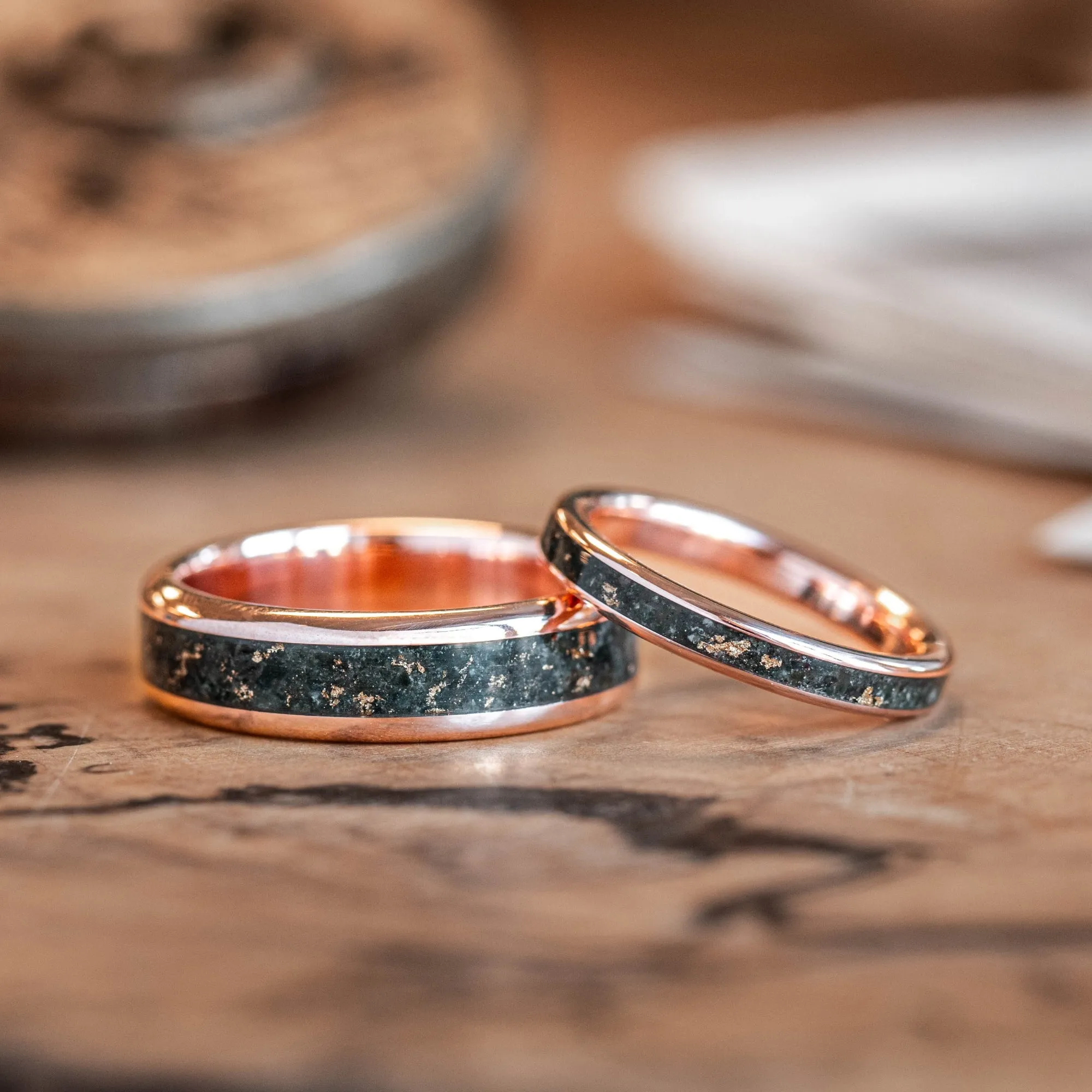 The Shenandoah | Men's Gold Moss Agate Wedding Band with Gold Flakes