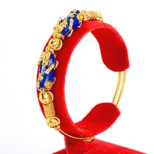 Thermochromic Pixiu Dripping Oil-Plated Blue Cloisonné Sand Gold Bracelet