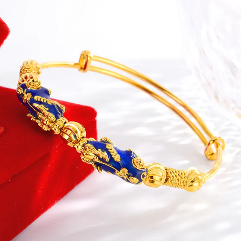 Thermochromic Pixiu Dripping Oil-Plated Blue Cloisonné Sand Gold Bracelet