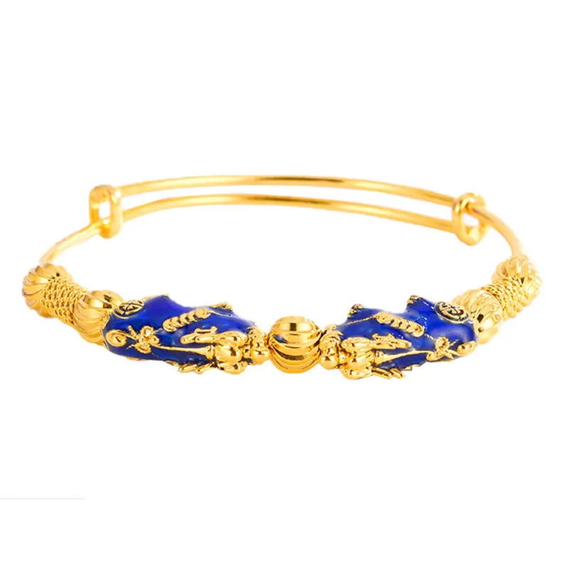 Thermochromic Pixiu Dripping Oil-Plated Blue Cloisonné Sand Gold Bracelet