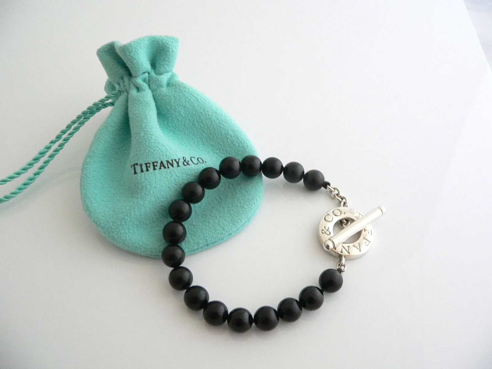 Tiffany & Co Silver Onyx Bead Toggle Bracelet Bangle Gift Pouch Gemstone