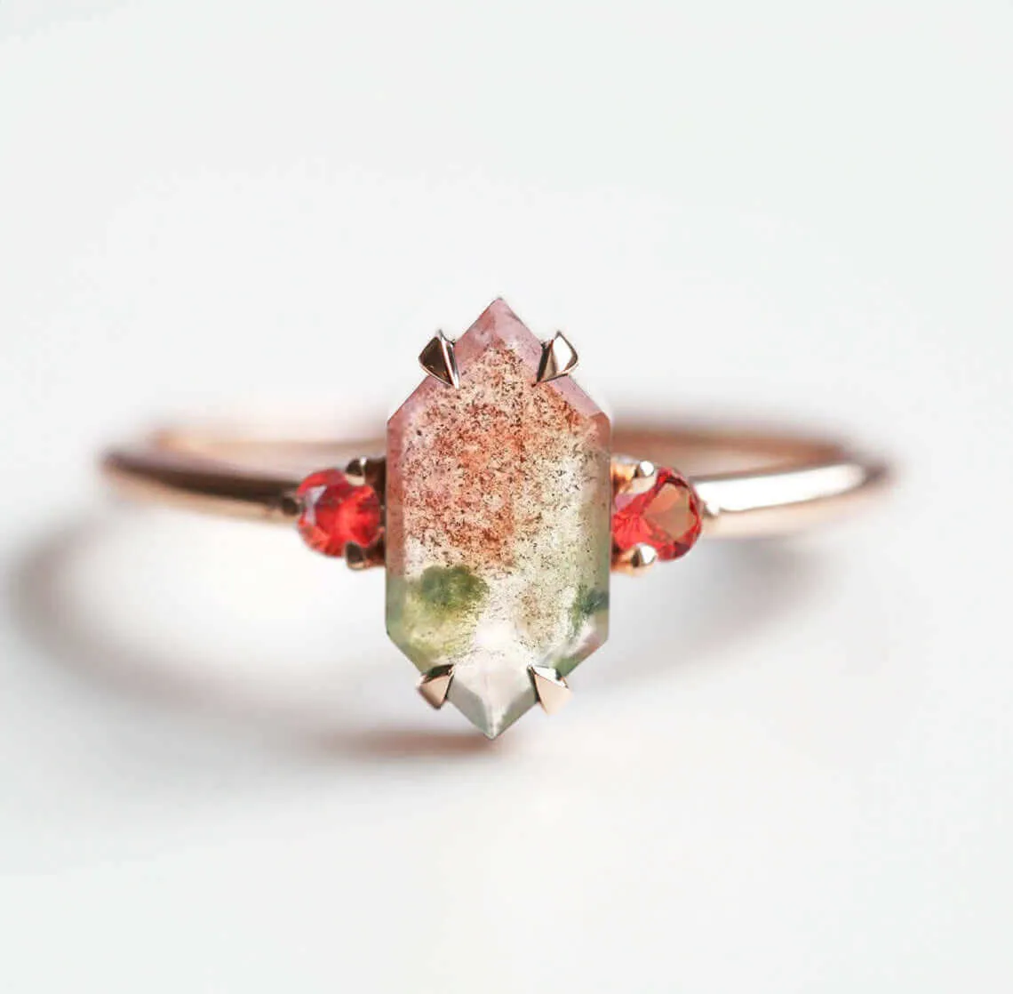 Trendolla 14K Gold Diamond Moss Agate And Red CZ Diamond Ring Set