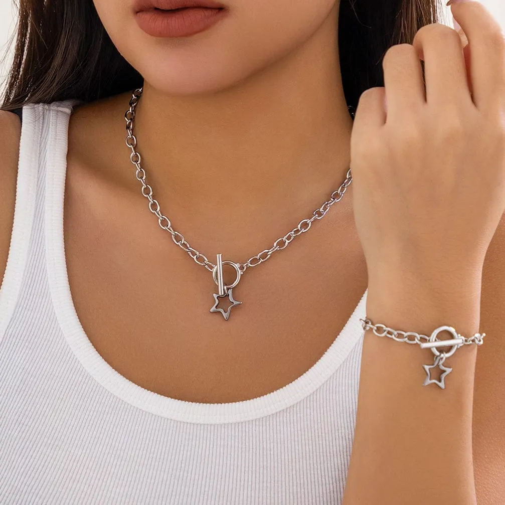 Trendy Toggle Clasp Hollow Star Pendant Cable Chain Necklace Bracelet Set