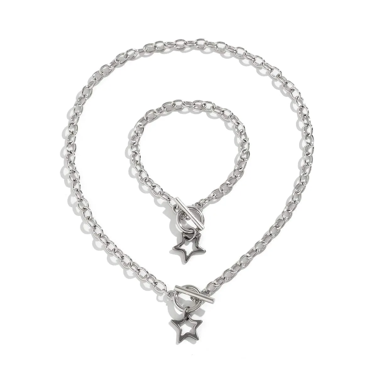 Trendy Toggle Clasp Hollow Star Pendant Cable Chain Necklace Bracelet Set